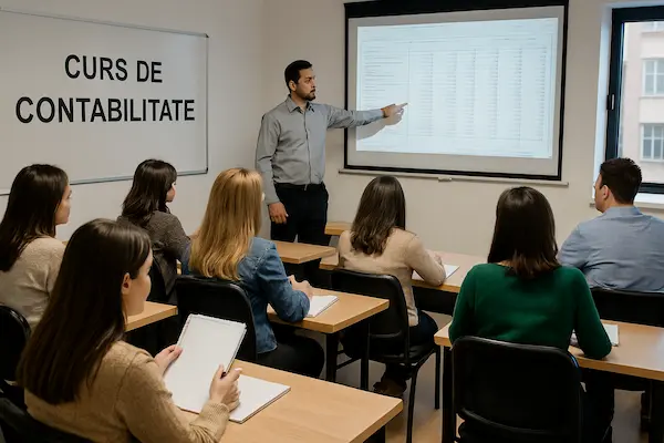 Birou modern cu laptop deschis pe software de contabilitate, formulare și pix, simbolizând învățarea practică în domeniul financiar-contabil