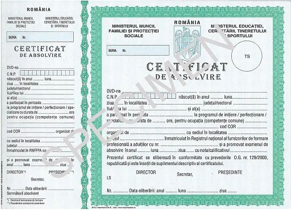 Specimen de Certificat de Absolvire cu Antetul Ministerului Muncii, pentru cursul de contabilitate